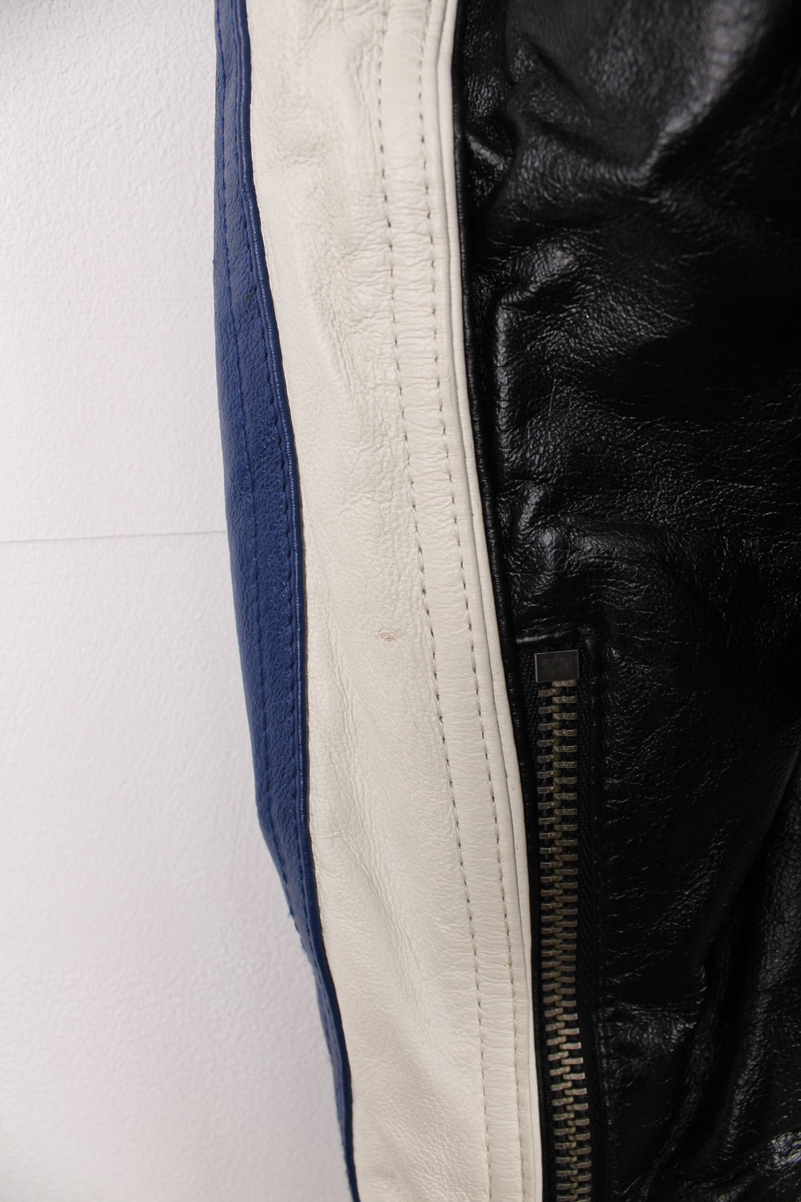 M.Julian Wilsons Leather zip through biker/racer jacket in black, white and blue.