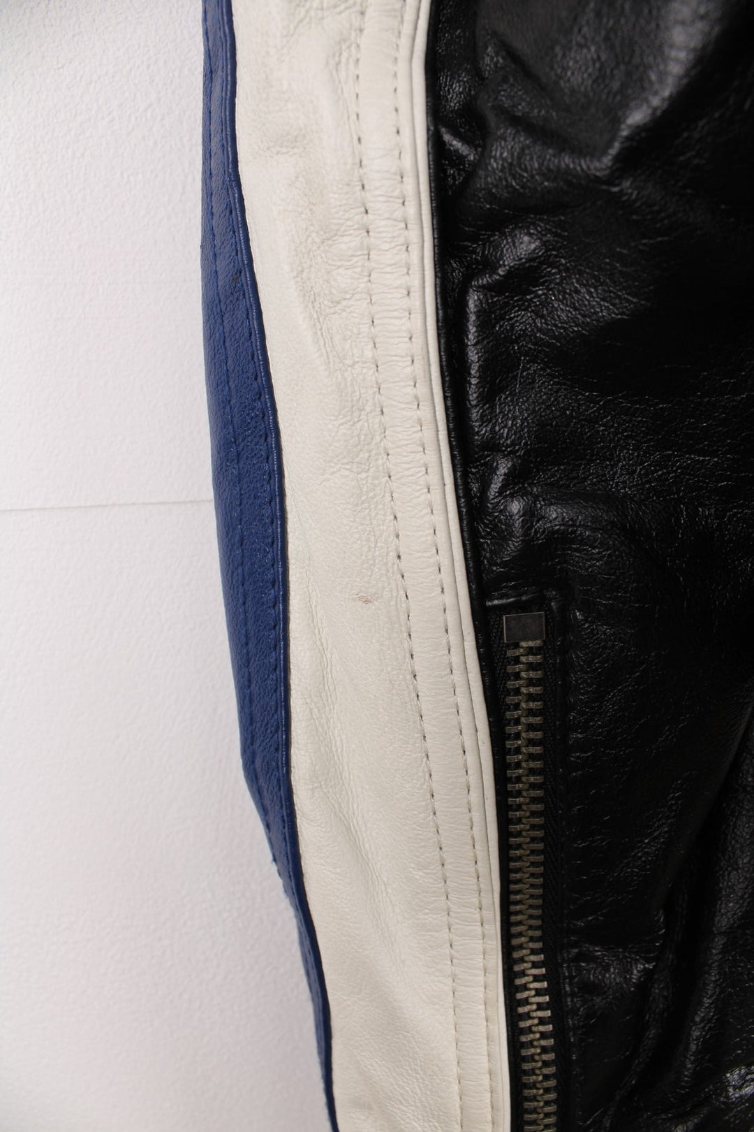 M.Julian Wilsons Leather zip through biker/racer jacket in black, white and blue.