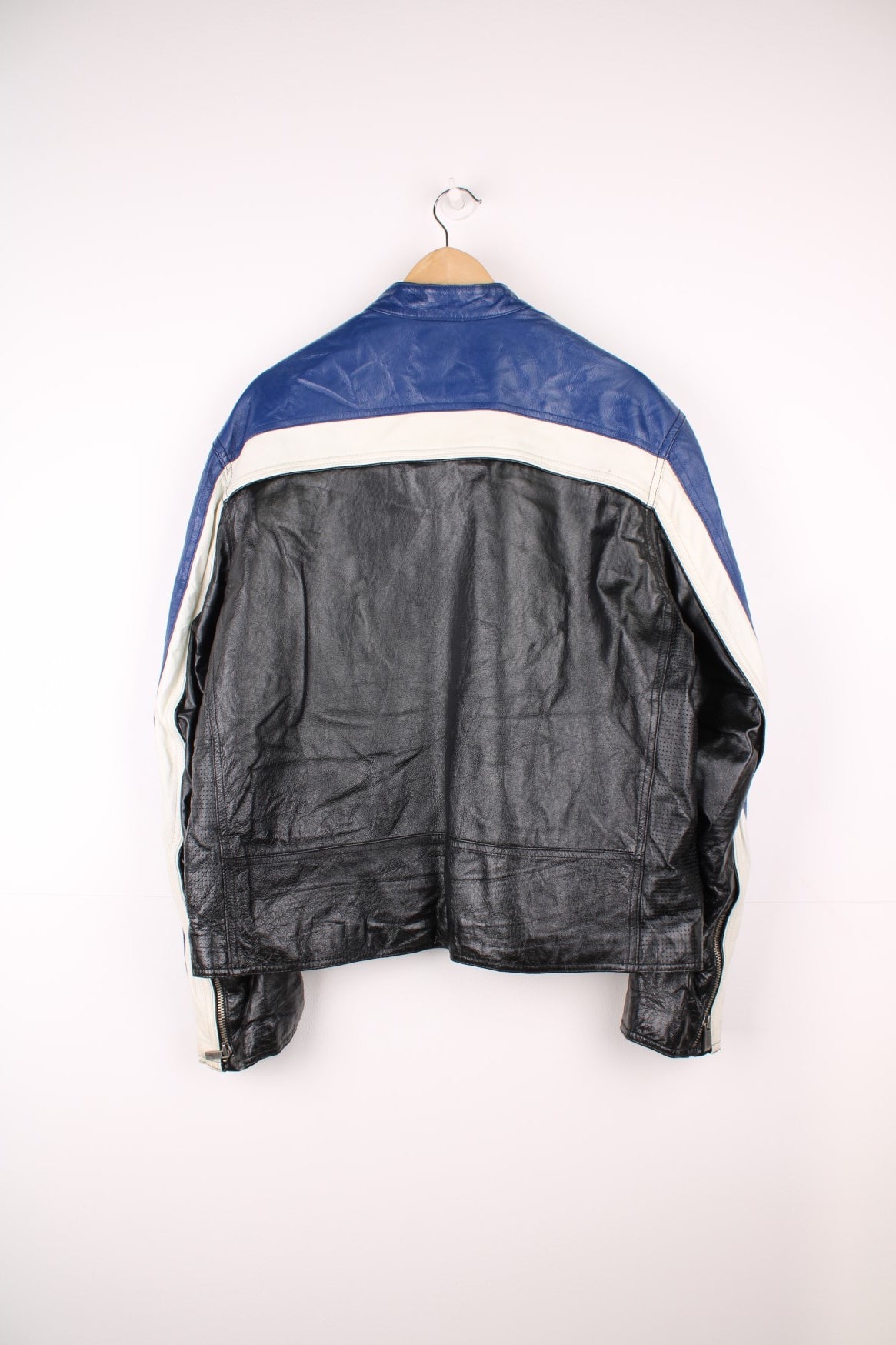 M.Julian Wilsons Leather zip through biker/racer jacket in black, white and blue.