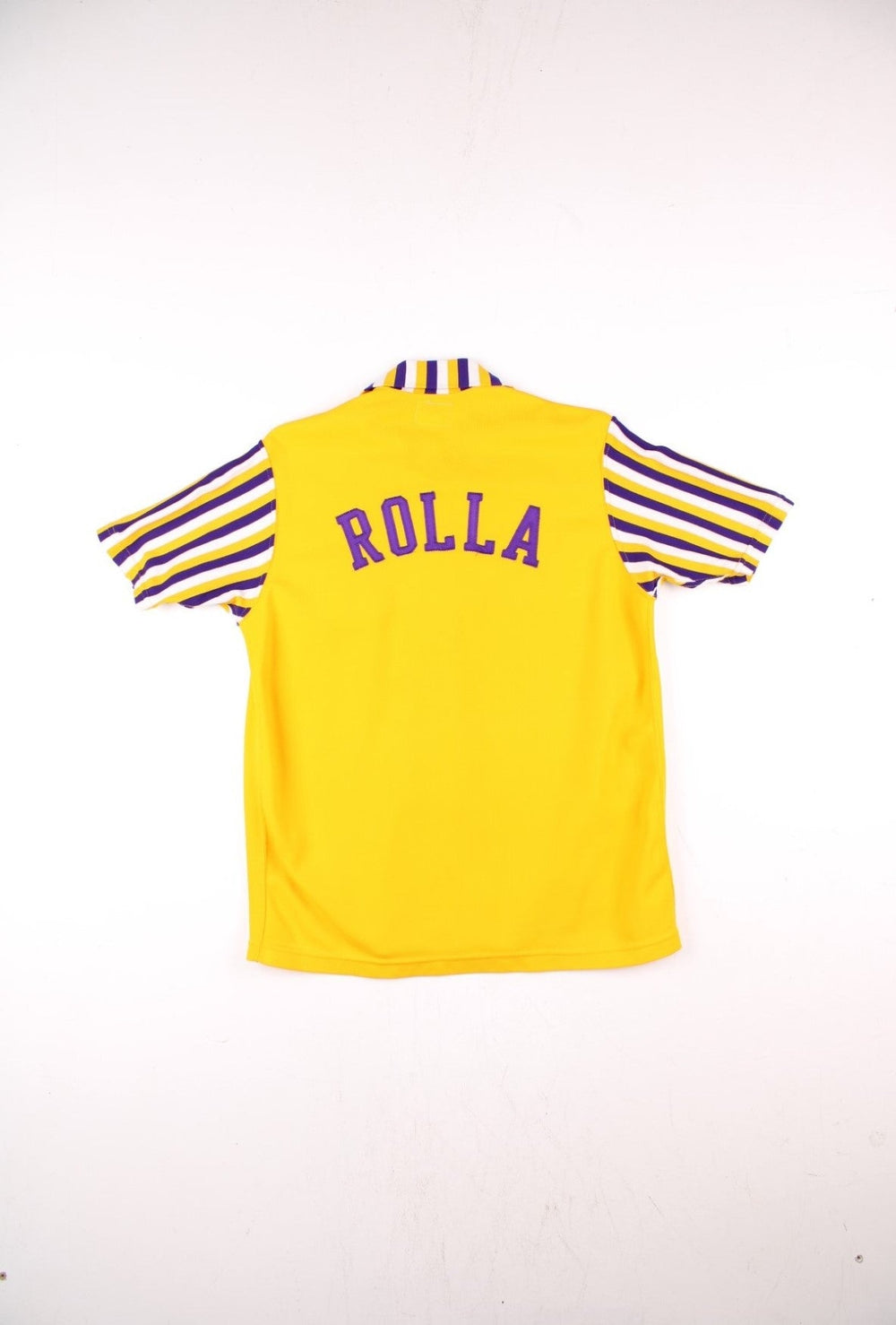 Vintage Bowling Shirt jersey in yellow with purple and white striped sleeves colourway, snap closure, a bulldog logo embroidered on the front and 'Rolla' on the back.