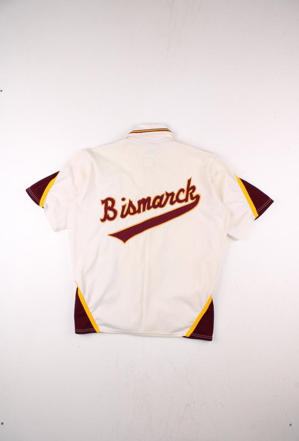 Vintage 60's Bismarck High School Demons shirt in white with burguny and yellow stripes, snap closure, and team logo embroidery front and back.