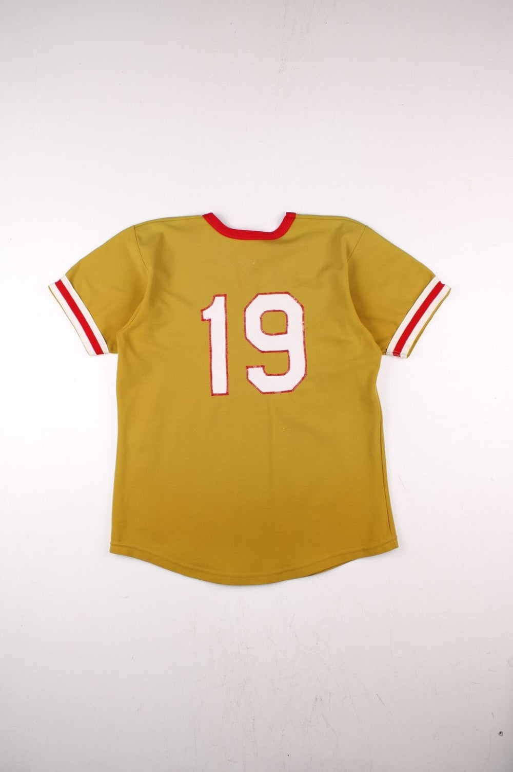 Vintage 60's Glasgow Sports Jersey in a gold yellow with red and white stripe detailing, 'Glasgow' embroidered on the front and number 29 on the back.