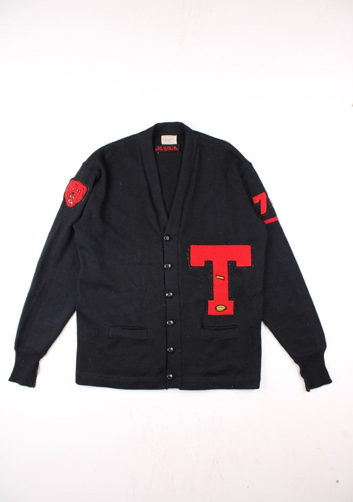 Vintage Dehen Wool Letterman Cardigan in black with button closure, two pockets, and red embroidery of a large letter T, number 74, and a tiger badge on the right sleeve.