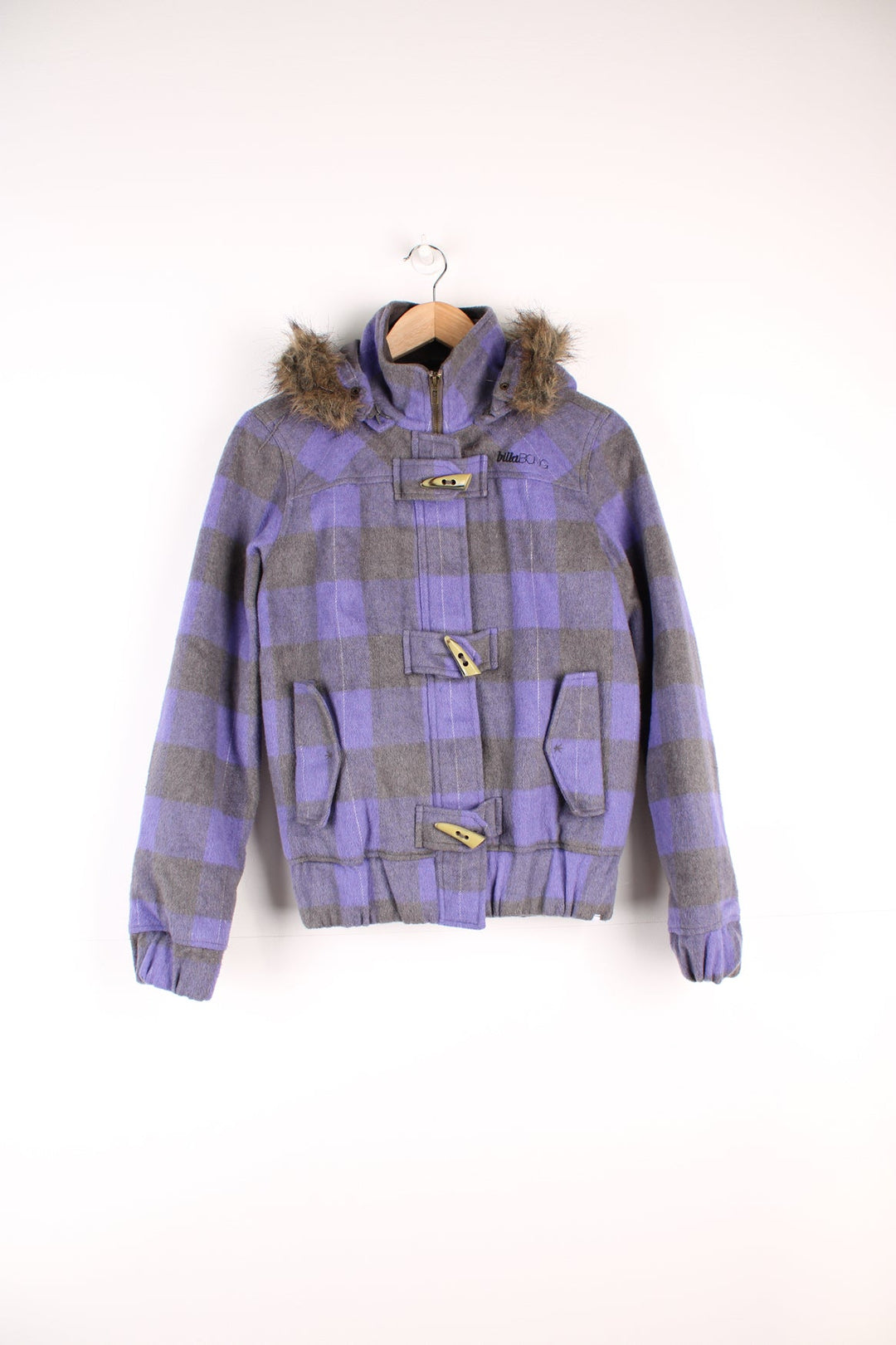 Billabong purple and grey jacket with embroidered logo on the chest and removable hood.