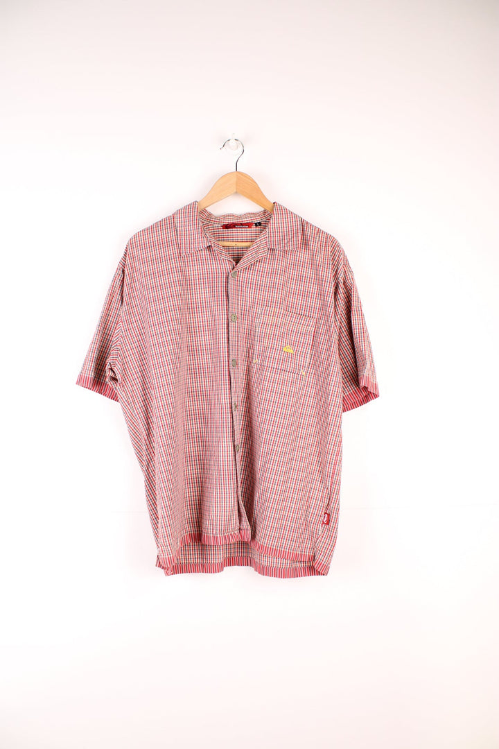 Quiksilver red checked shirt with chest pocket, embroidered logo on the front and printed logo across the back.