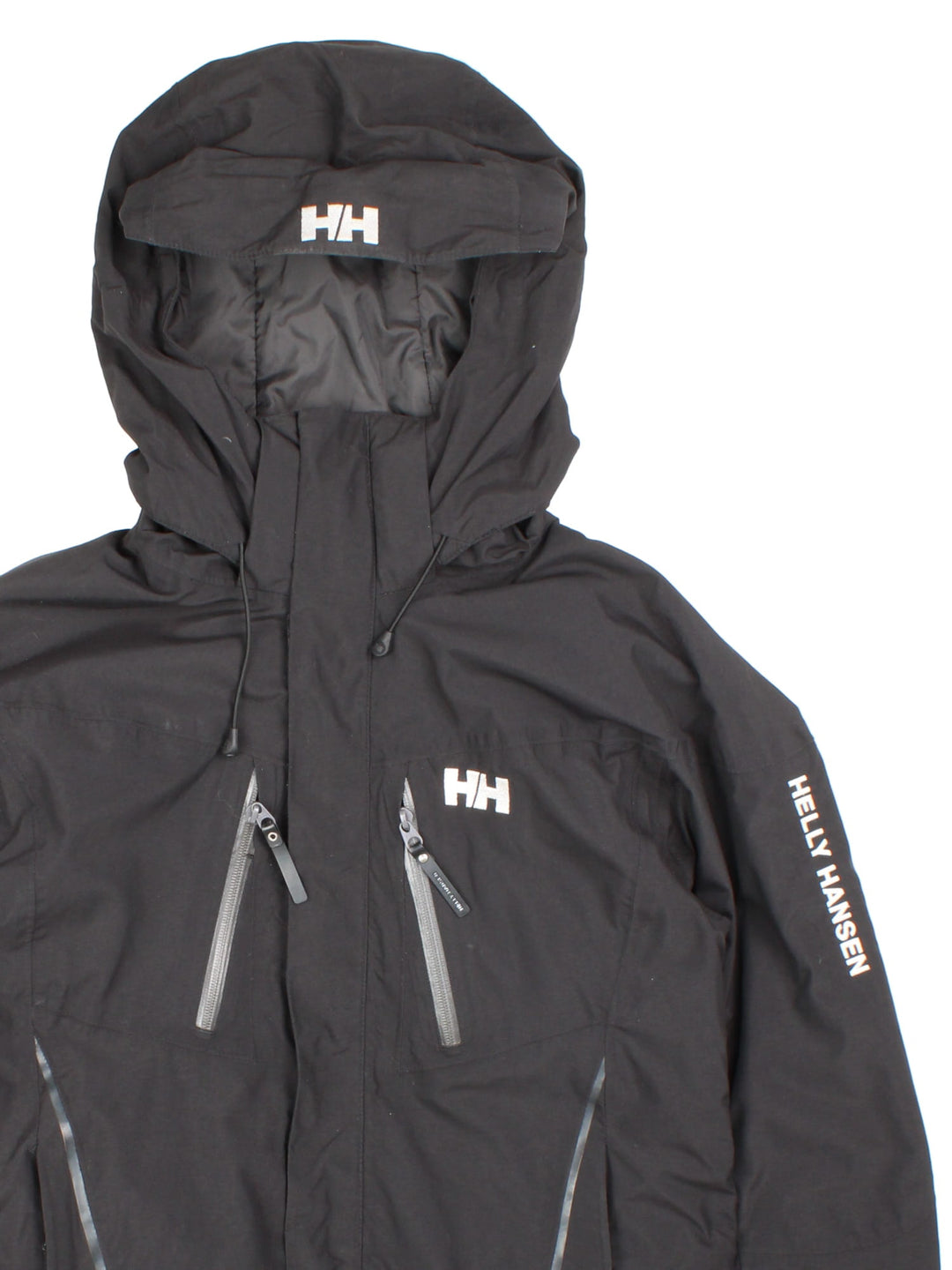 Helly Hansen Jacket in a black colourway. Full zip with multiple pockets and drawstring hood, Warmcore Primaloft technology, and has a small logo embroidered on front and down the left sleeve.