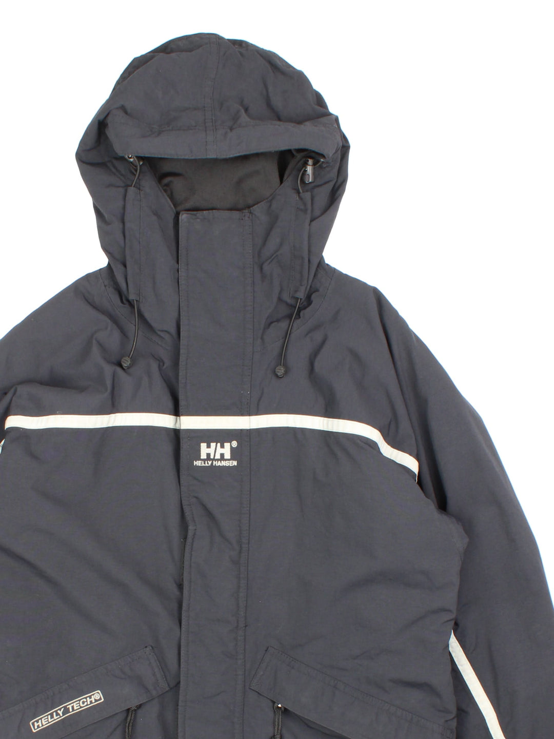 Helly Hansen Tech Jacket in a black colourway. Grey detail along arms, across chest and back.Ski lining on the interior with zip pockets and drawstring hood. Has a small logo on front and pocket.