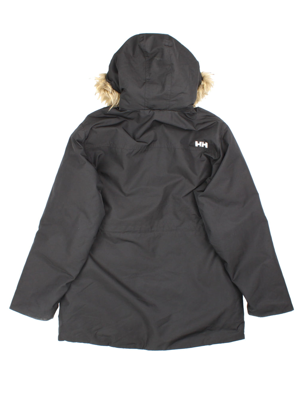 Helly Hansen Parka Coat in a black colourway. Multiple pockets on front and has a faux fur parka hood and the logo on the front.