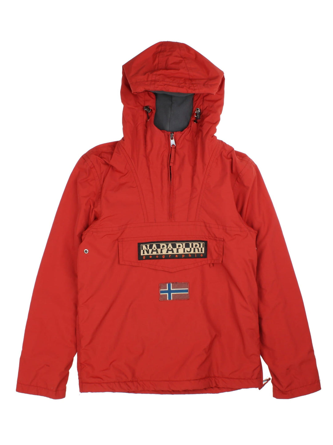 Vintage Napapijri Pullover Jacket in a red colourway. 1/4 zip fastening with hood, fleece lining and side zippers. Logos embroidered on the front.