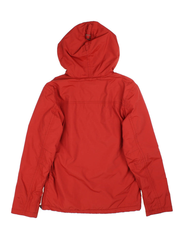 Vintage Napapijri Pullover Jacket in a red colourway. 1/4 zip fastening with hood, fleece lining and side zippers. Logos embroidered on the front.