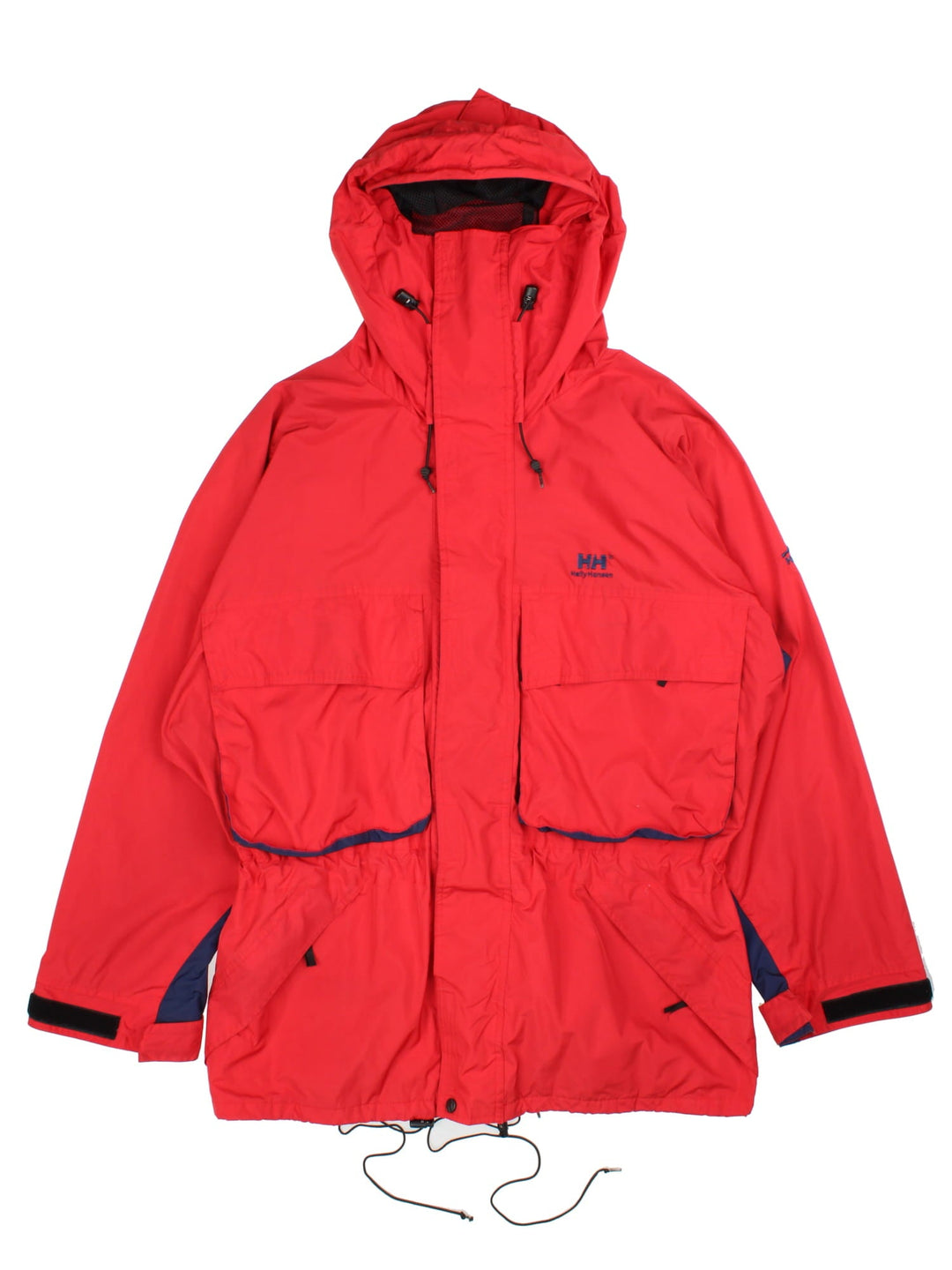 Vintage Helly Hansen Jacket in a red/blue colourway. Zip and velcro fastening, hood, multiple pockets and mesh lining. Embroidered branding on front/sleeve.