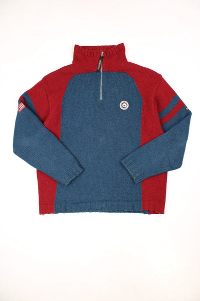 Vintage Napapijri quarter zip knitted jumper in blue and red. Features embroidered logo on the chest.