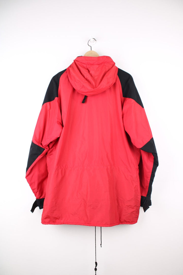 Vintage Rab red and black hooded rain jacket with multiple pockets and embroidered logo.