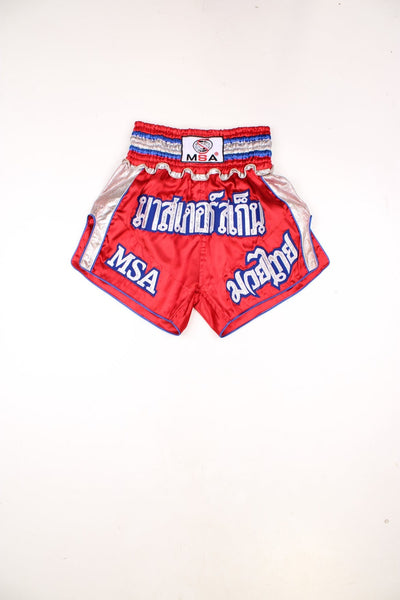 Red, blue and silver MSA Thai Boxing shorts, with badge on the waistband and embroidered lettering. 