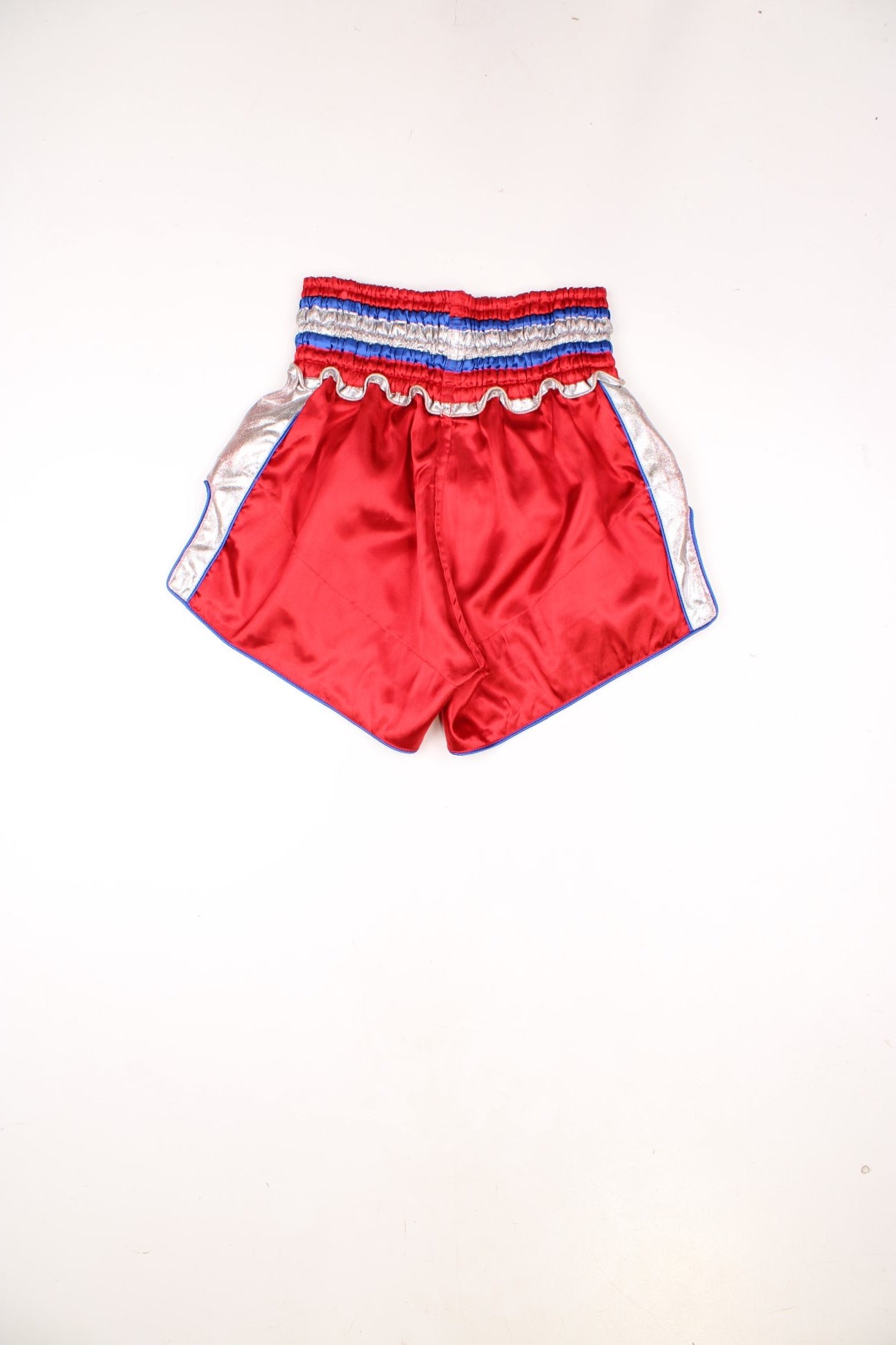 Red, blue and silver MSA Thai Boxing shorts, with badge on the waistband and embroidered lettering. 