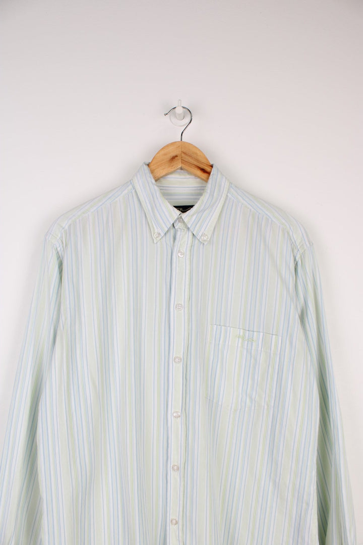 Fila Sport Classic Long Sleeved Shirt in a blue, white and green striped colourway, button up and has a chest pocket with the logo embroidered on it.