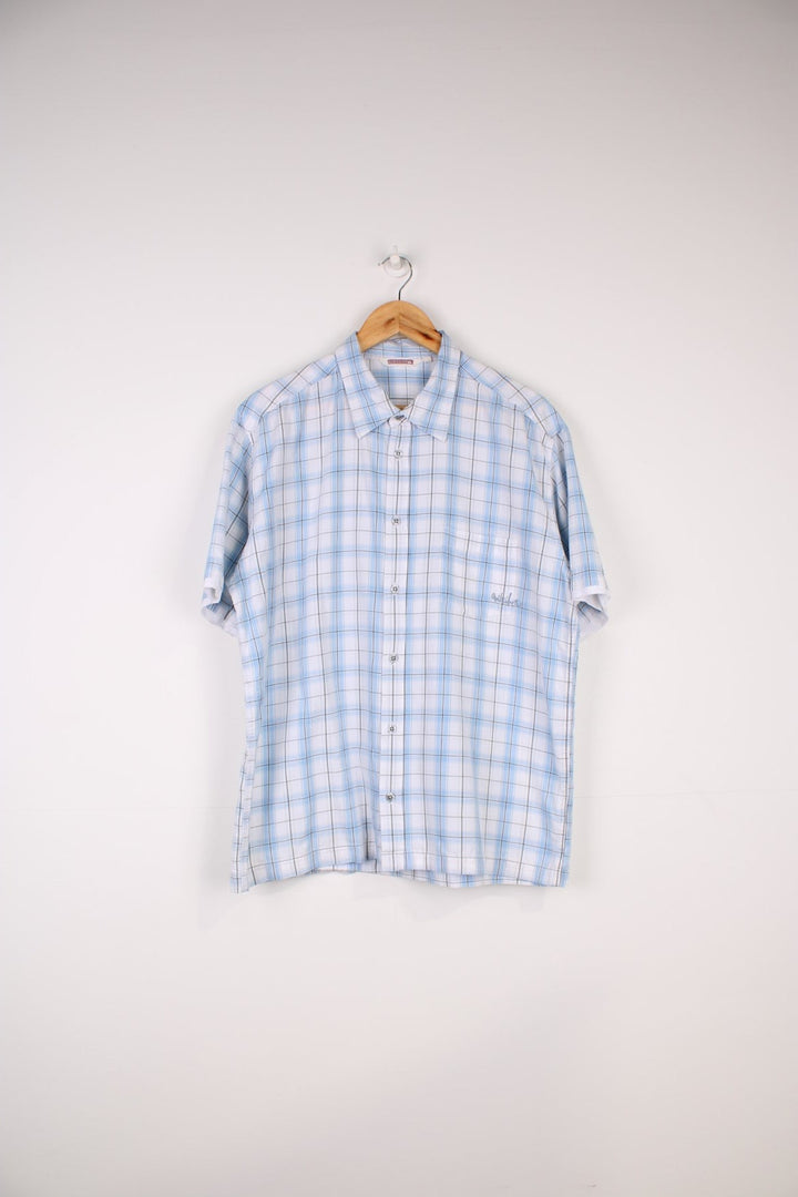 Quiksilver Plaid Shirt in a blue, black and white colourway, button up and has a chest pocket with the logo embroidered on it.