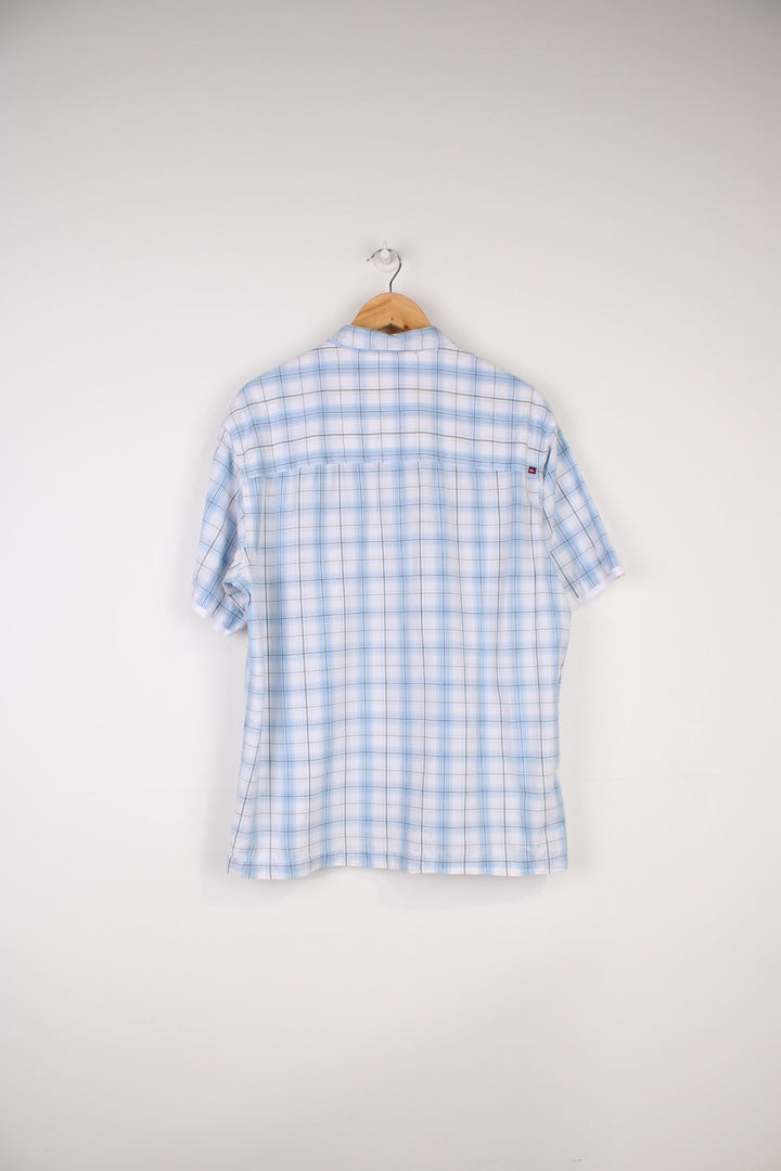 Quiksilver Plaid Shirt in a blue, black and white colourway, button up and has a chest pocket with the logo embroidered on it.