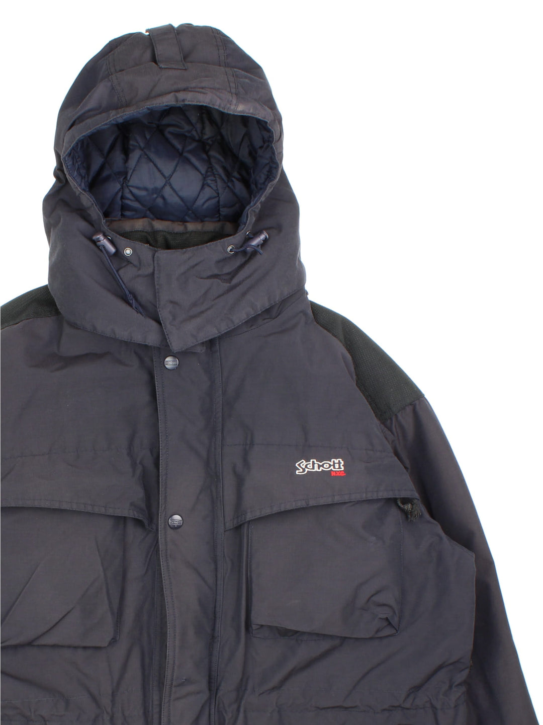 Vintage Schott 2 in 1 parka style coat in a black colourway, has padded detachable gilet, multiple pockets, hooded and has the branding embroidered on the front.