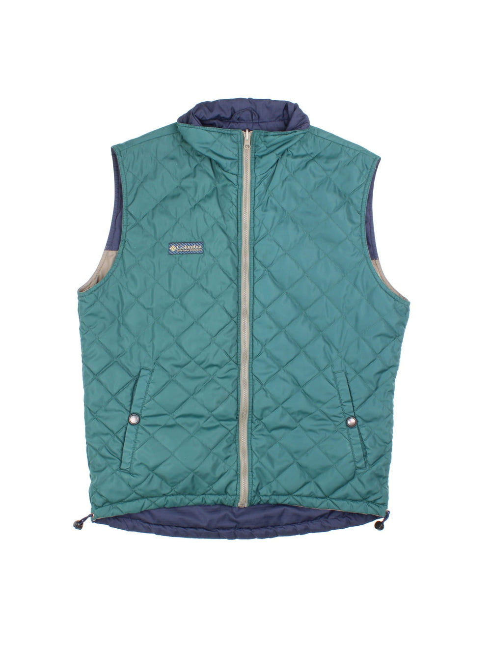 Vintage Reversible Columbia Gilet in either a blue and beige, or green colourway options, multiple pockets with quilted reverse and patch branding on front.