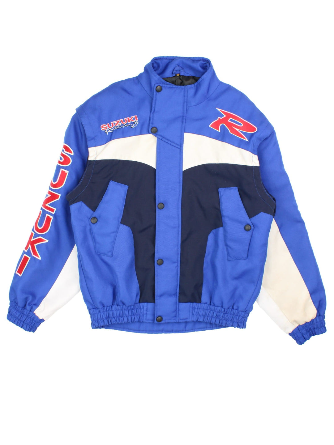 Vintage Suzuki Nascar Jacket in a blue, white and red colourway, zip and popper fastening and has embroidered branding on front and back.