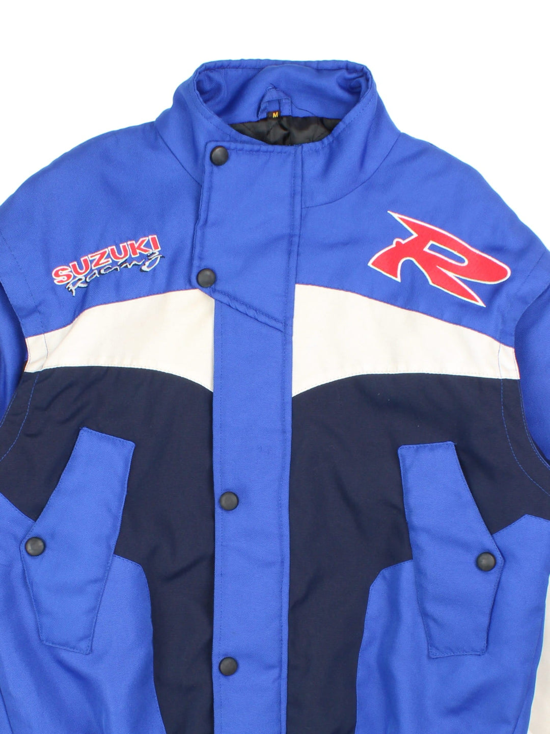 Vintage Suzuki Nascar Jacket in blue colourway, zip popper fastening and embroidered branding on front and back.