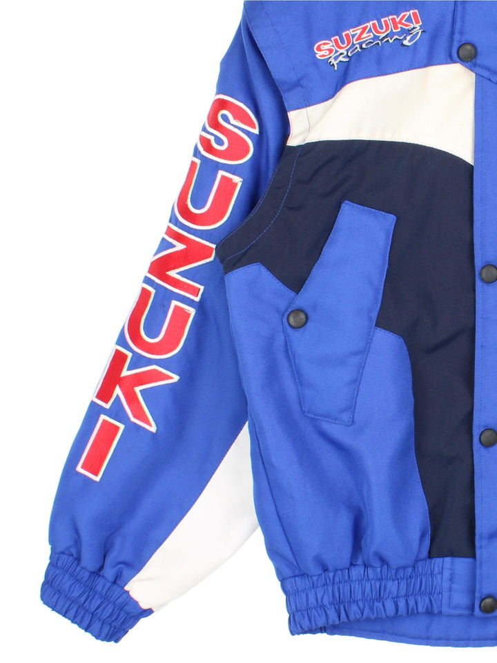 Vintage Suzuki Nascar Jacket in blue colourway, zip popper fastening and embroidered branding on front and back.