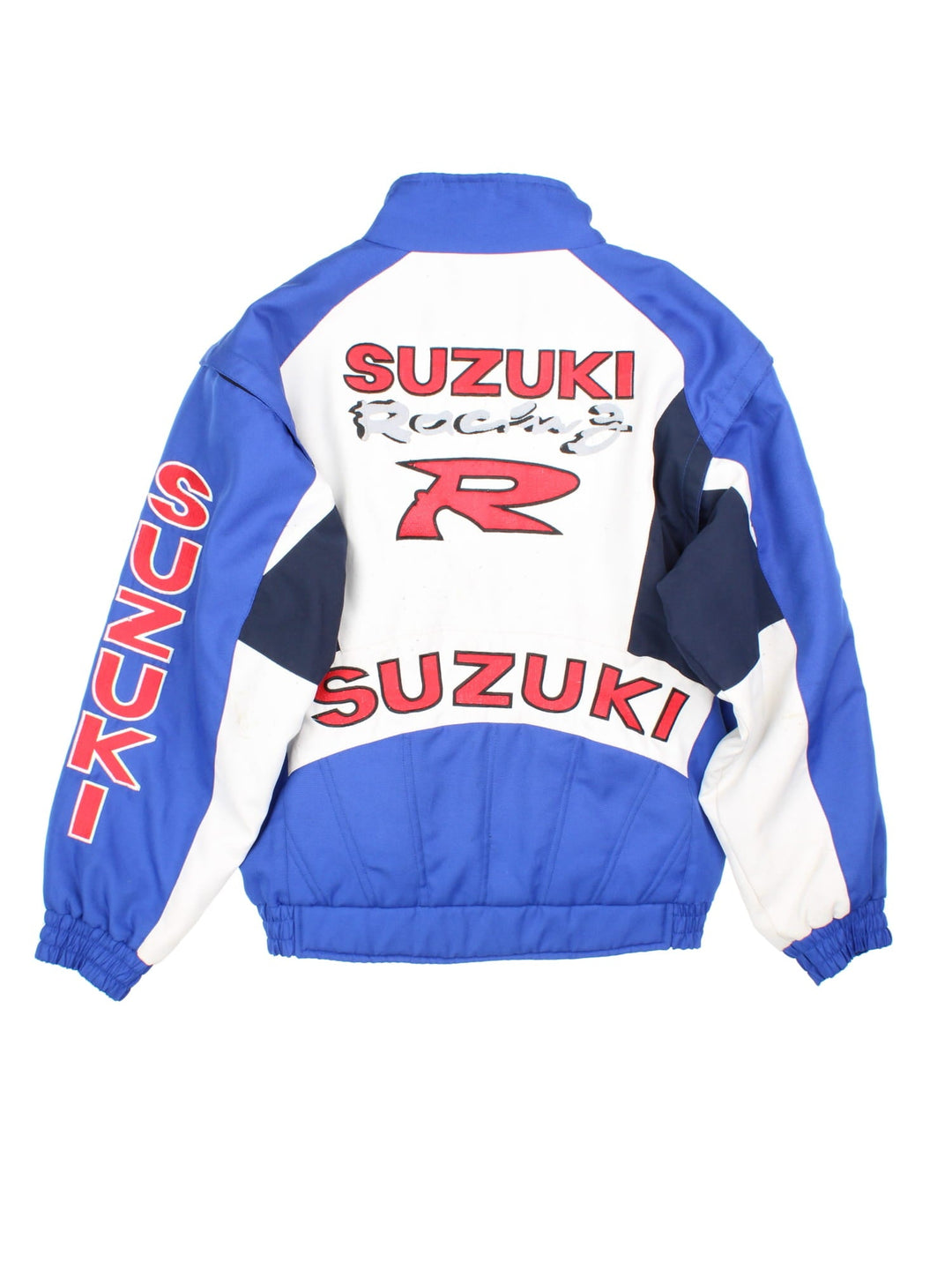 Vintage Suzuki Nascar Jacket in blue colourway, zip popper fastening and embroidered branding on front and back.