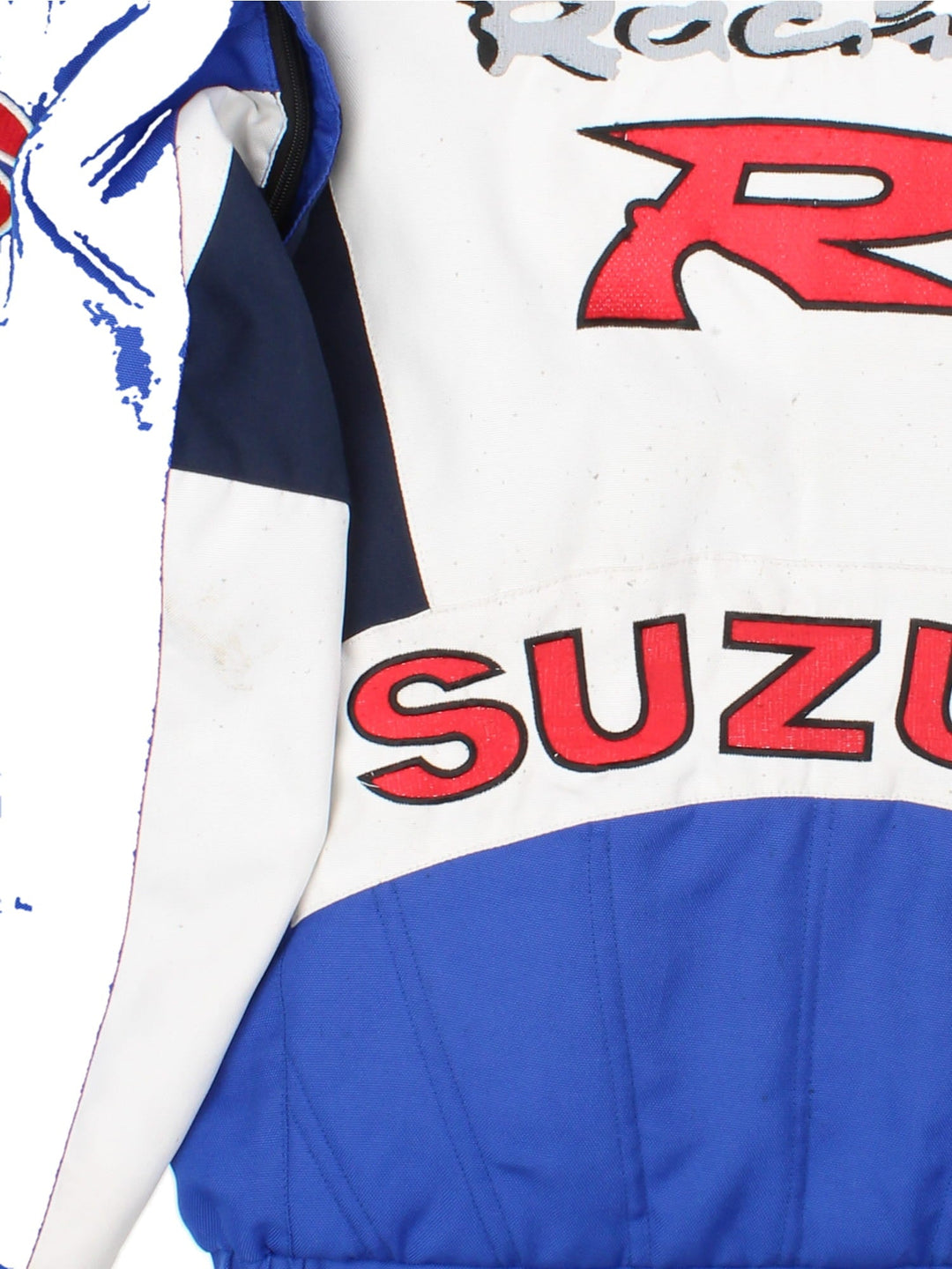 Vintage Suzuki Nascar Jacket in blue colourway, zip popper fastening and embroidered branding on front and back.