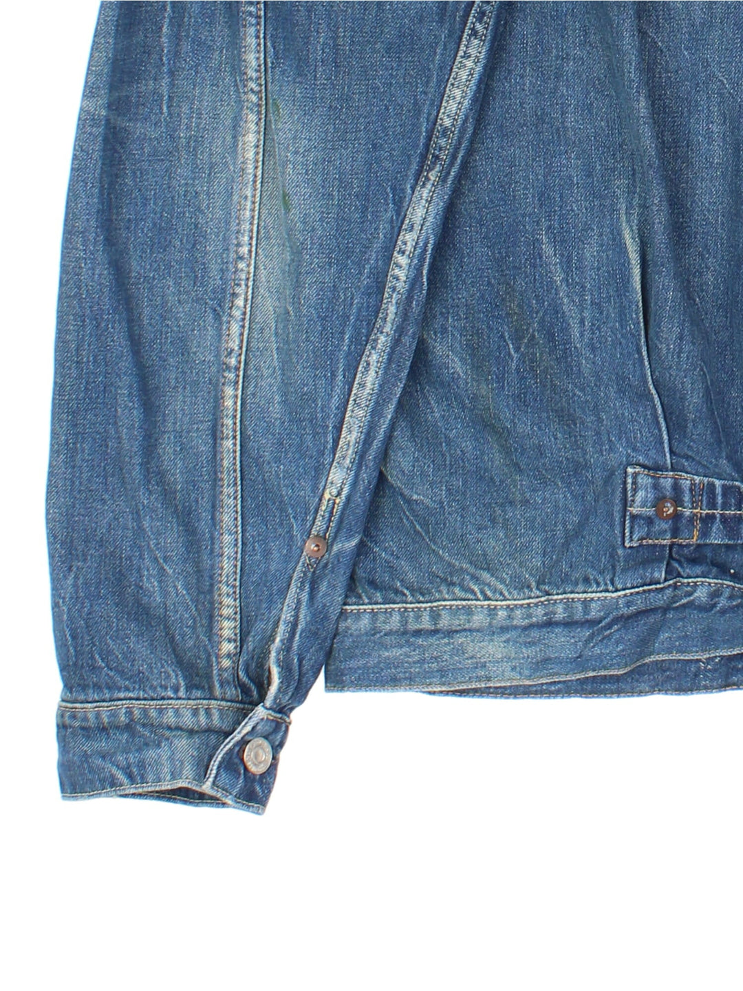 Vintage Levi Strauss Type 1 Denim Jacket in a blue colourway, button up fastening and classic red tab branding on front chest pocket, and has a back buckle.