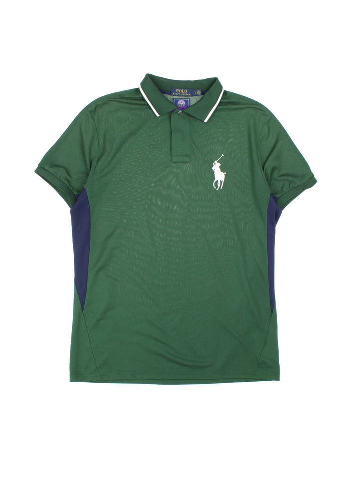 2019 Ralph Lauren Wimbledon Championship Polo Shirt in a green colourway with navy blue panels down the sides, and has the logo embroidered on the front and back.