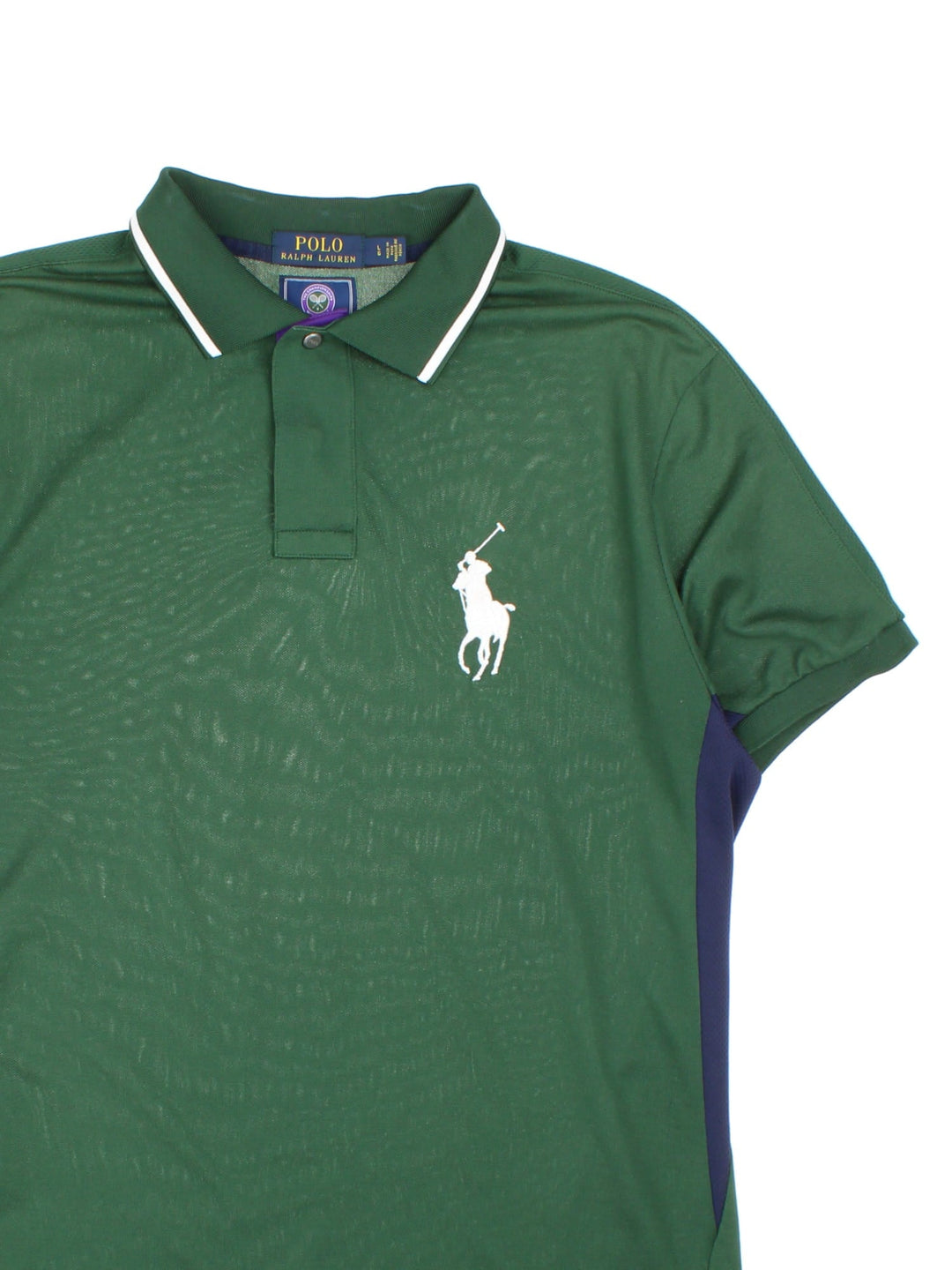 2019 Ralph Lauren Wimbledon Championship Polo Shirt in a green colourway with navy blue panels down the sides, and has the logo embroidered on the front and back.