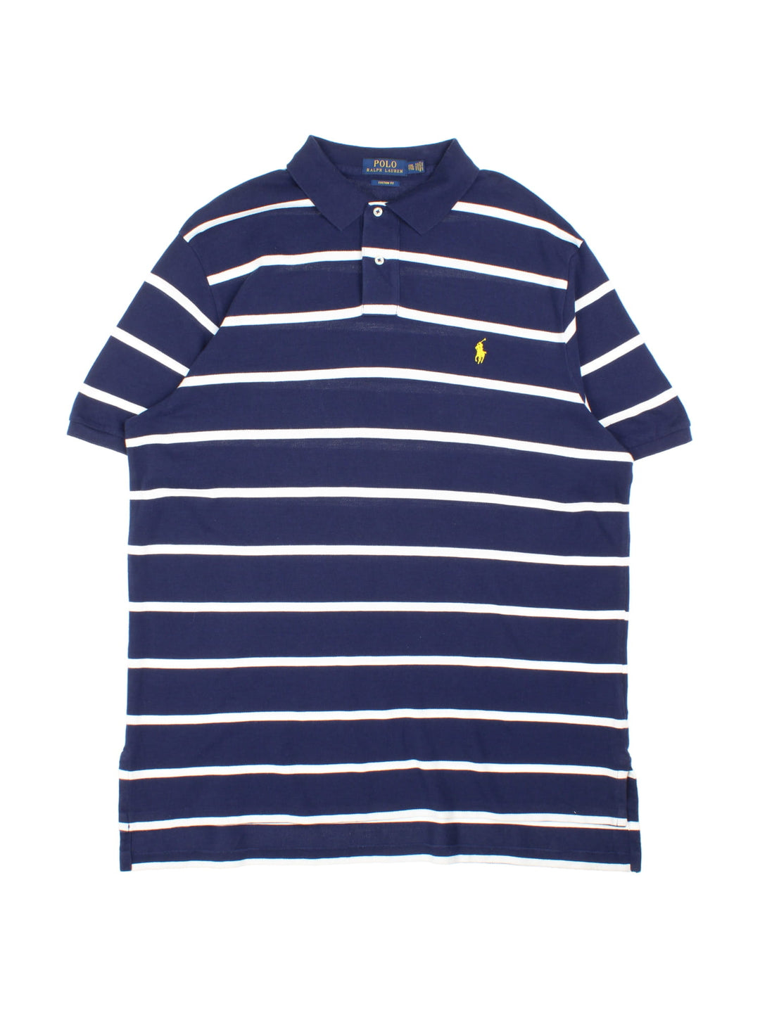 Ralph Lauren Polo Shirt in a navy blue and white striped colourway with the logo embroidered on the front.