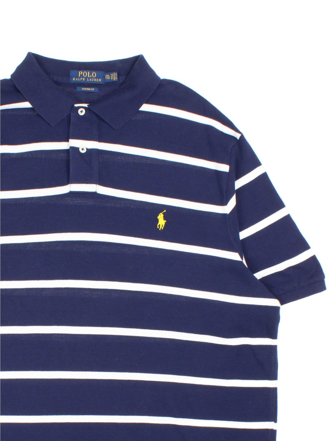 Ralph Lauren Polo Shirt in a navy blue and white striped colourway with the logo embroidered on the front.