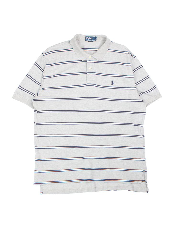 Ralph Lauren Polo Shirt in a grey, navy blue and white striped colourway with the logo embroidered on the front.