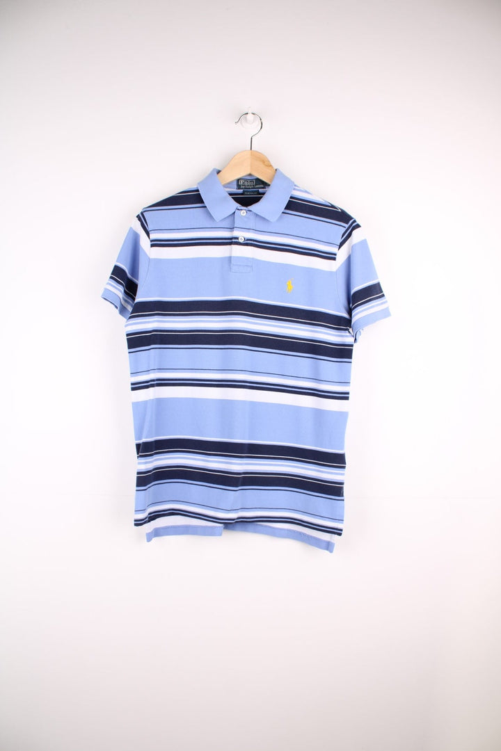 Ralph Lauren striped polo shirt in a blue colourway with the logo embroidered on front.