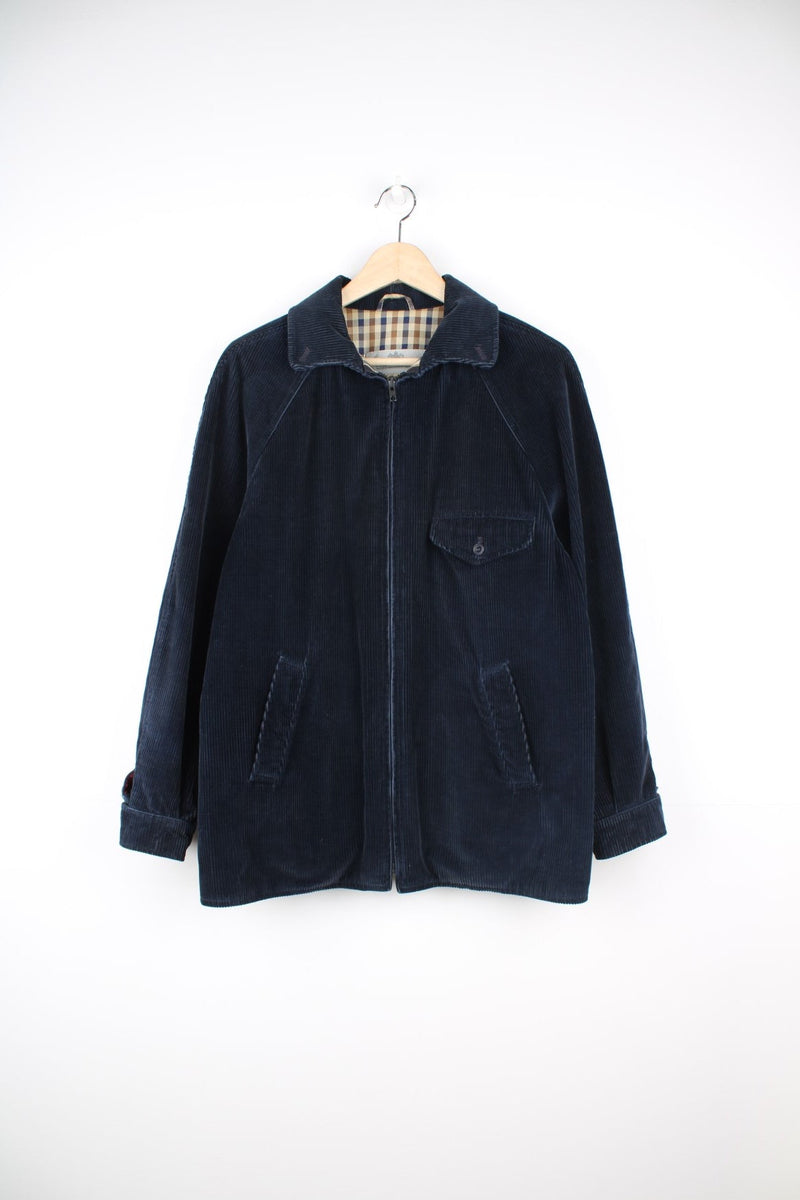 Vintage Aquascutum Corduroy Jacket in a navy colourway with the Aquascutum print lining, zip up and has multiple pockets.