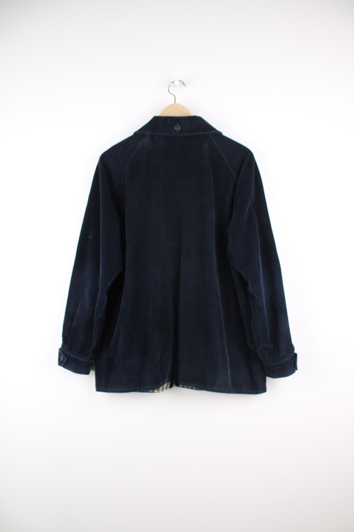 Vintage Aquascutum Corduroy Jacket in a navy colourway with the Aquascutum print lining, zip up and has multiple pockets.