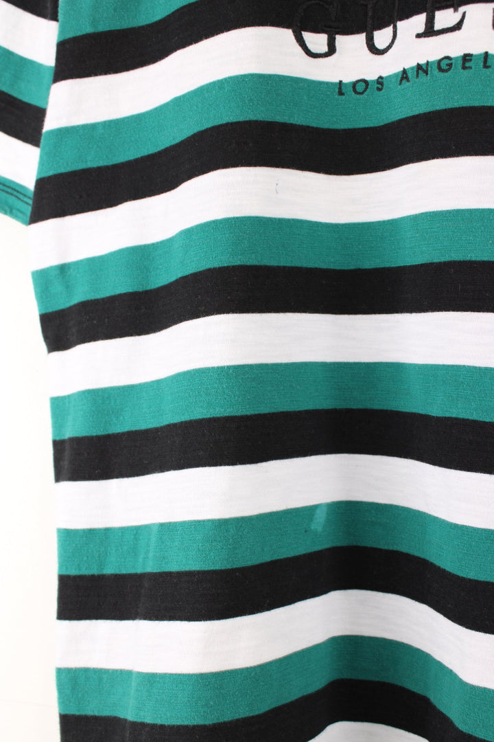 Guess green and black striped t-shirt with embroidered spell-out logo on the chest