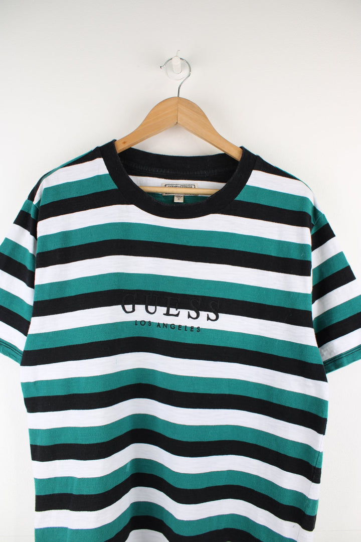 Guess green and black striped t-shirt with embroidered spell-out logo on the chest