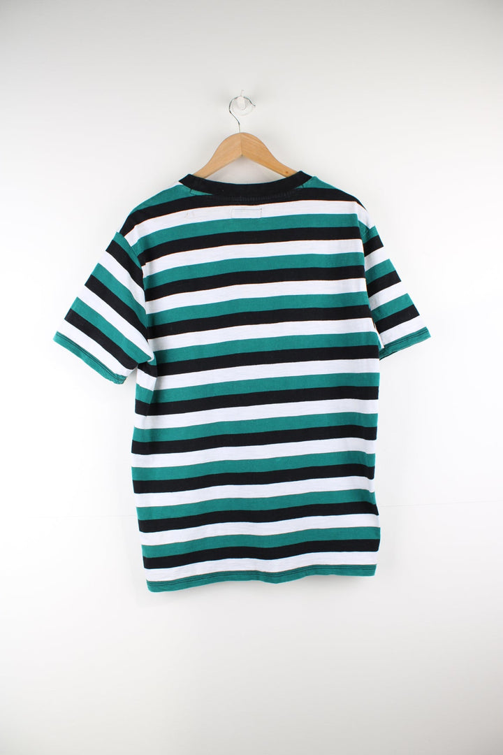 Guess green and black striped t-shirt with embroidered spell-out logo on the chest