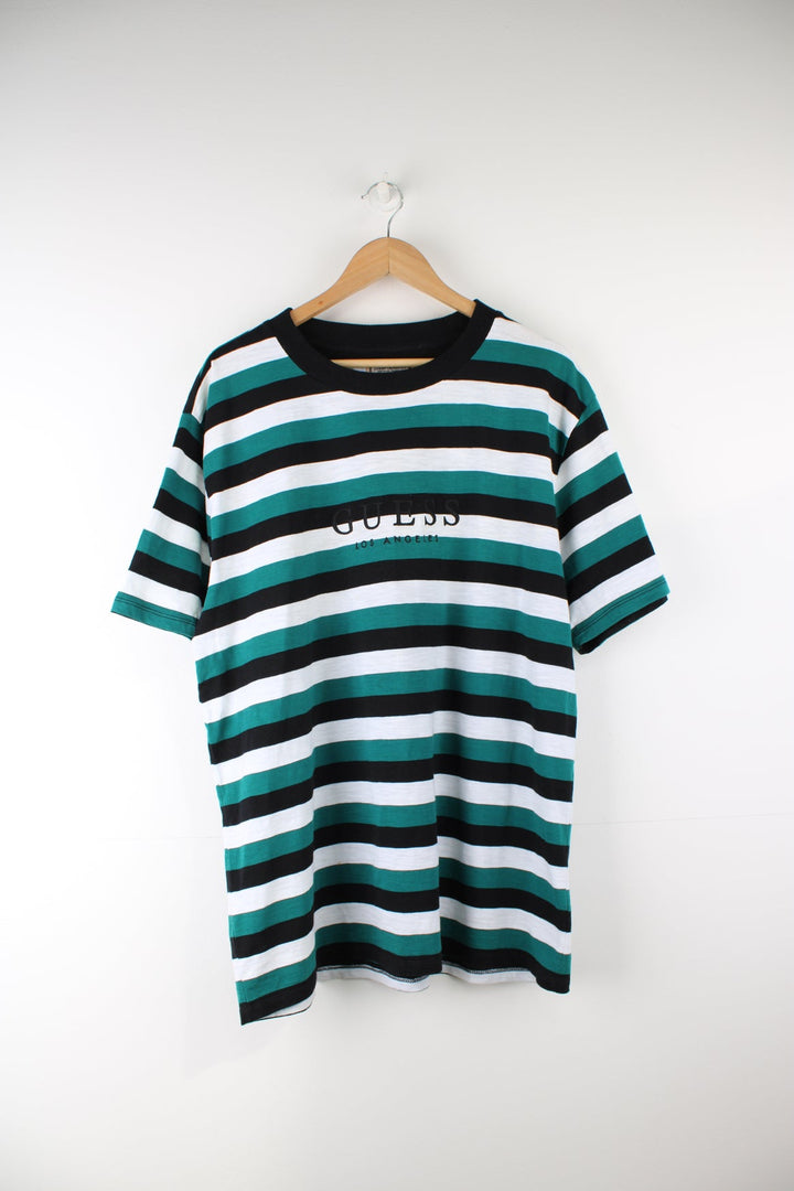 Guess green and black striped t-shirt with embroidered spell-out logo on the chest