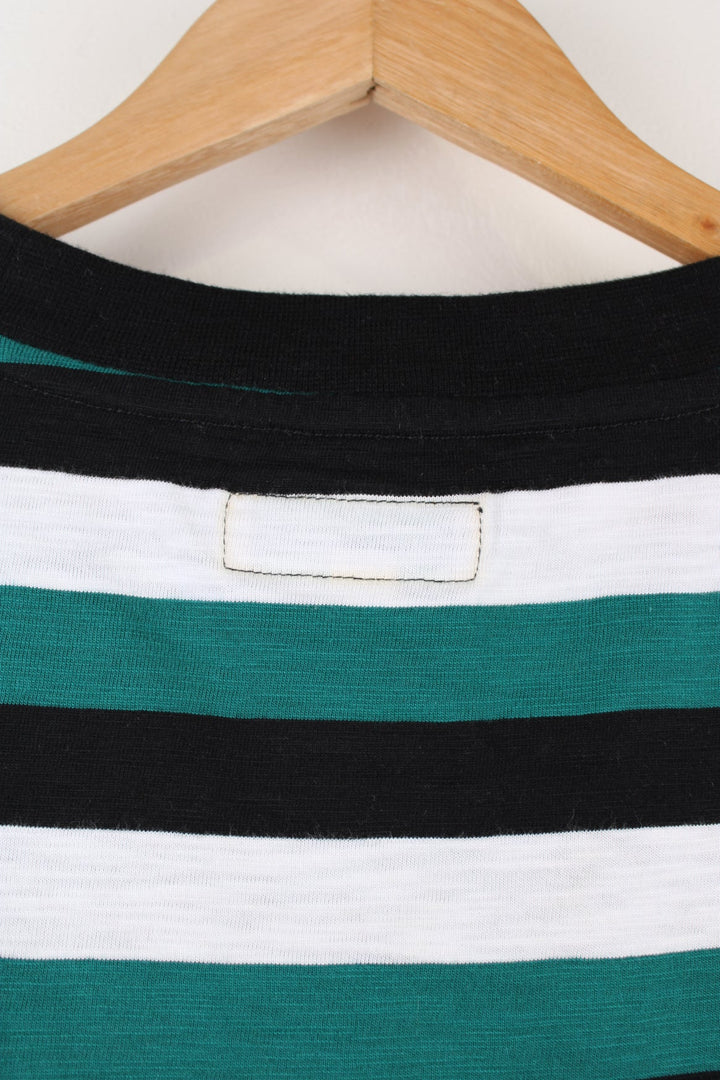 Guess green and black striped t-shirt with embroidered spell-out logo on the chest