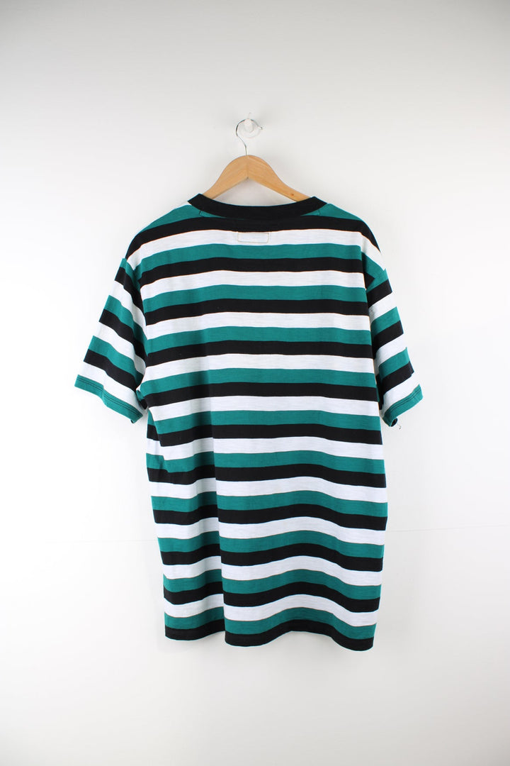 Guess green and black striped t-shirt with embroidered spell-out logo on the chest