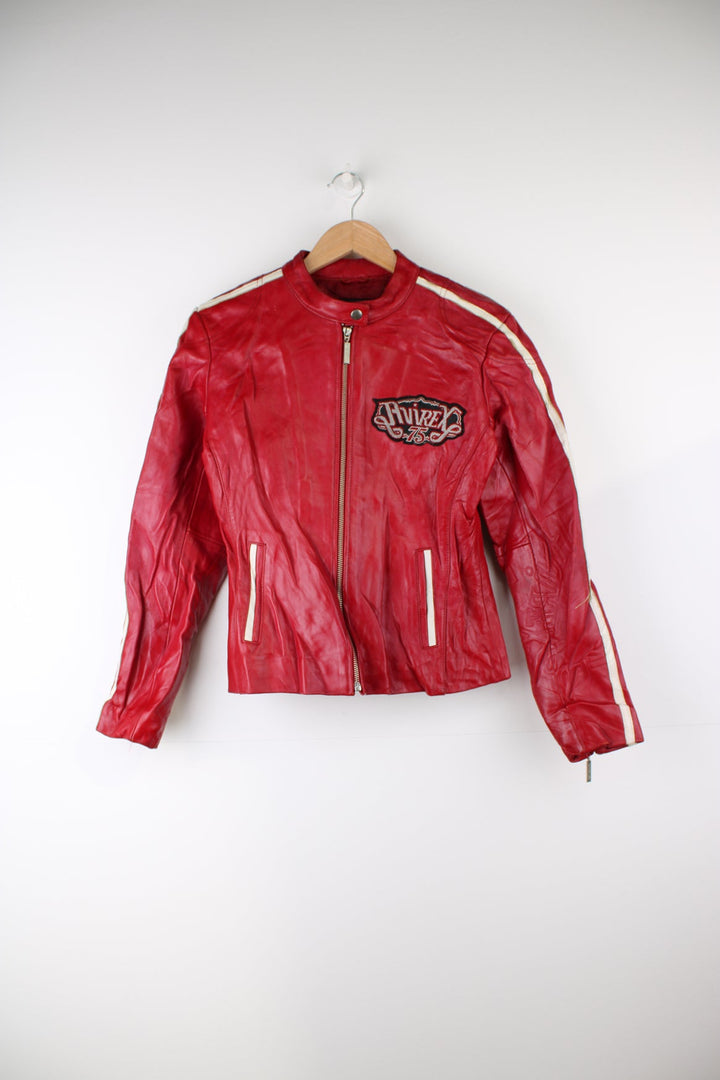 Vintage red leather Avirex zip through motorcycle jacket with white detailing and embroidered badges on the front/back.