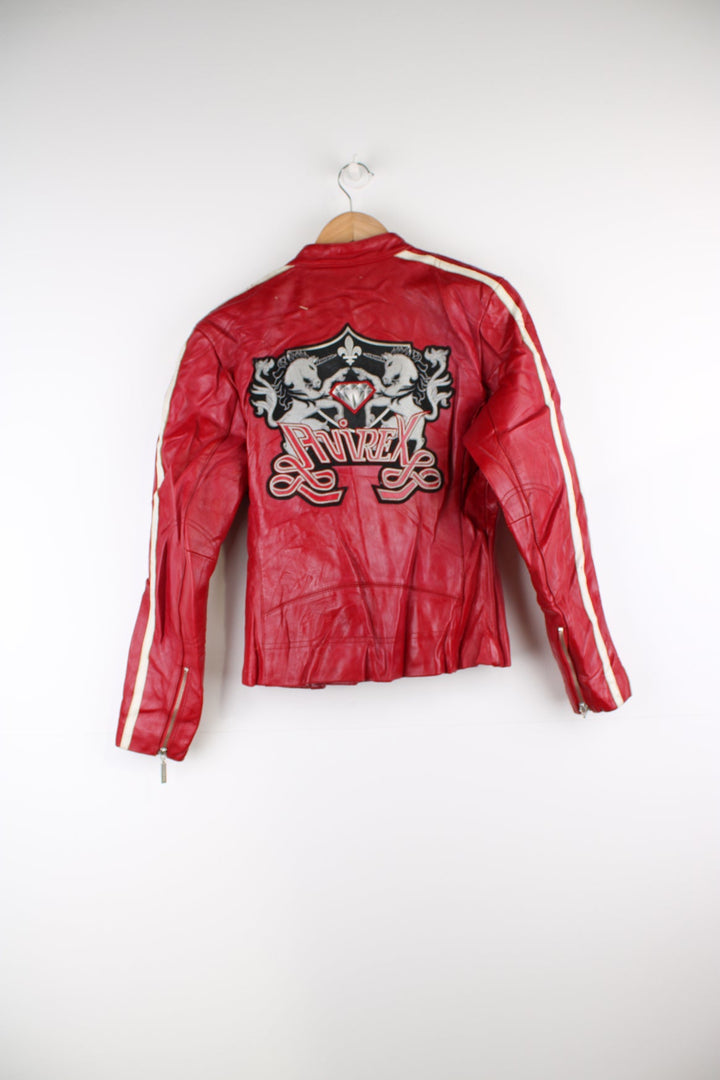 Vintage red leather Avirex zip through motorcycle jacket with white detailing and embroidered badges on the front/back.