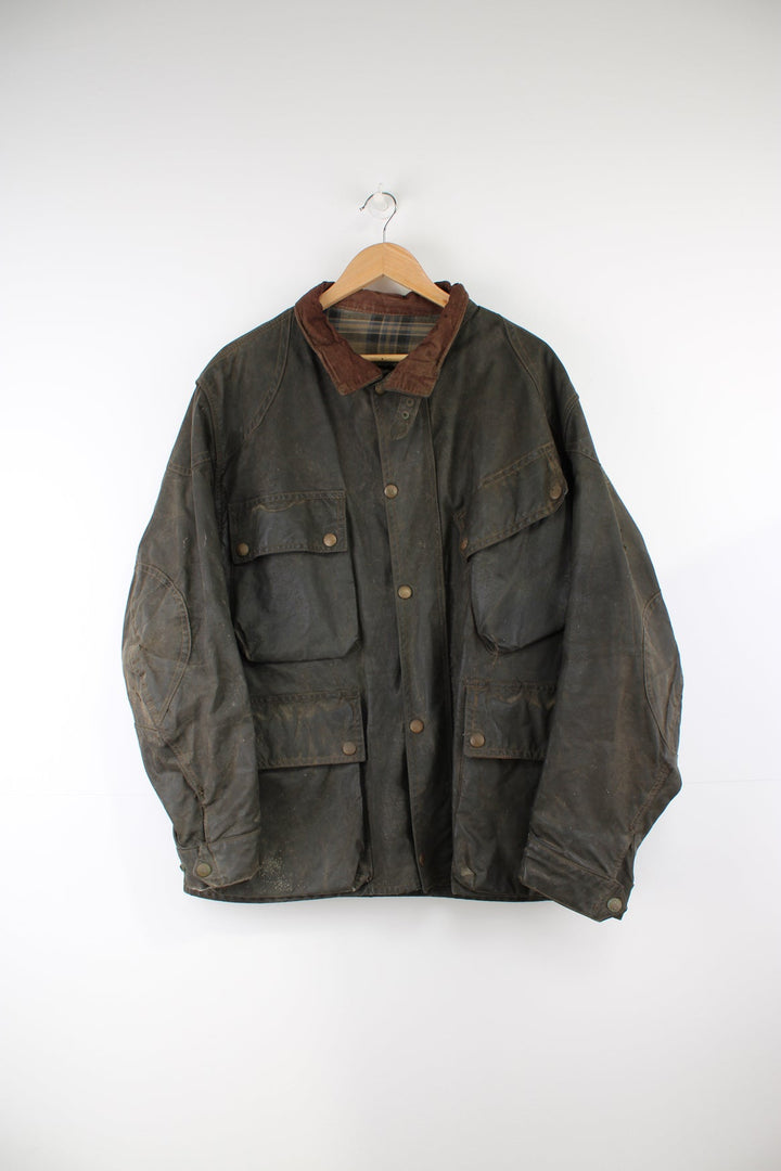 Vintage 1960's Belstaff brown Trial Master wax jacket with corduroy collar, multiple pockets and plaid lining