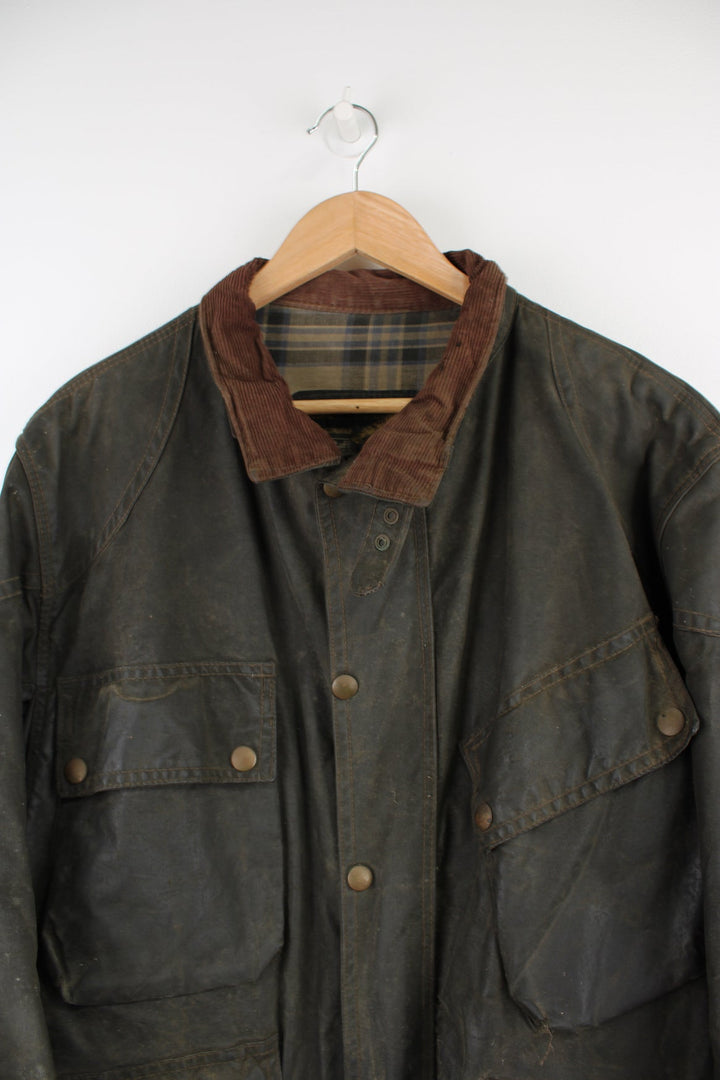 Vintage 1960's Belstaff brown Trial Master wax jacket with corduroy collar, multiple pockets and plaid lining