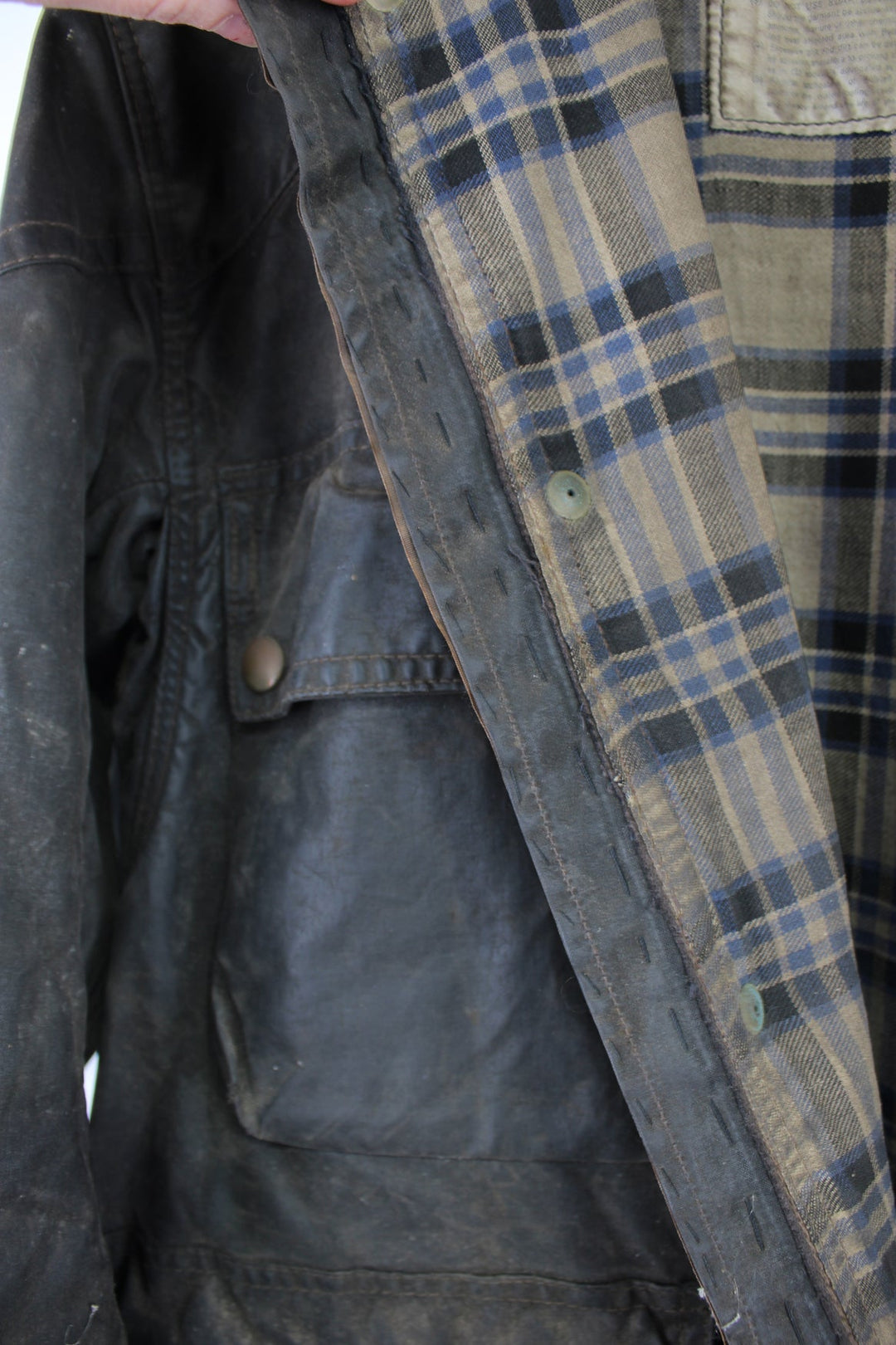 Vintage 1960's Belstaff brown Trial Master wax jacket with corduroy collar, multiple pockets and plaid lining