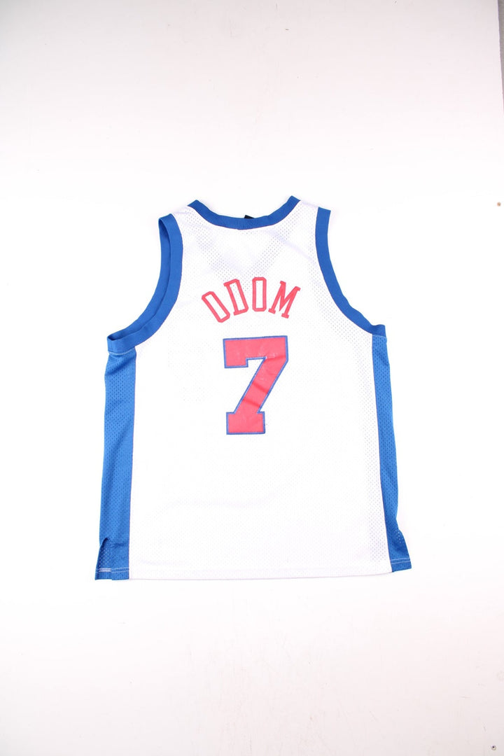 LA Clippers Lamar Odom NBA Basketball Jersey in the white, blue and red kit colourway, features embroidered logos and badge on the front, and Lamar Odom number 7 on the back.